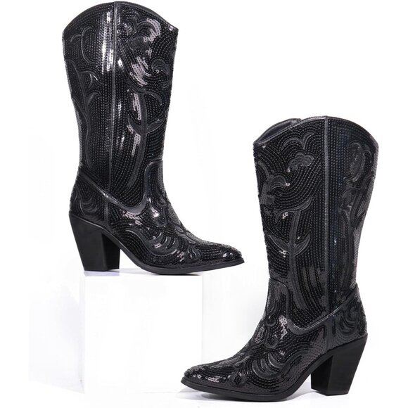 Women's Black Sequin Mid Calf Tall Zipper Pointed Toe Embroidered Cowgirl Boots - Picture 6 of 6